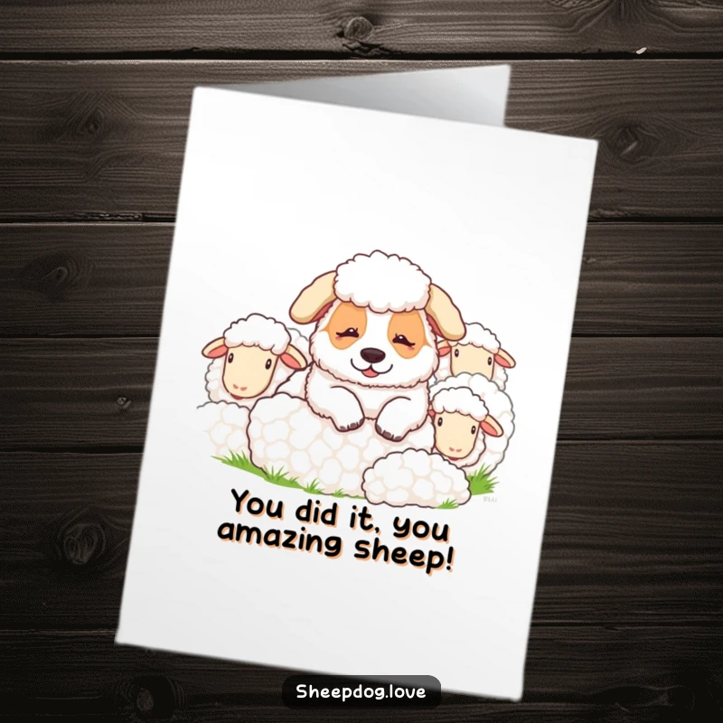 Funny Free Printable Congrats Card: A happy sheepdog relaxing amongst sheep, ideal for a humorous downloadable gift celebrating achievements.