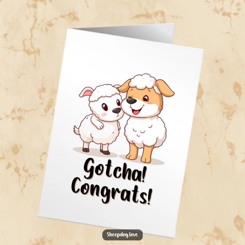 Funny Free Printable Congrats Card: Sheepdog playfully nudging a surprised sheep, perfect for downloadable celebrations.