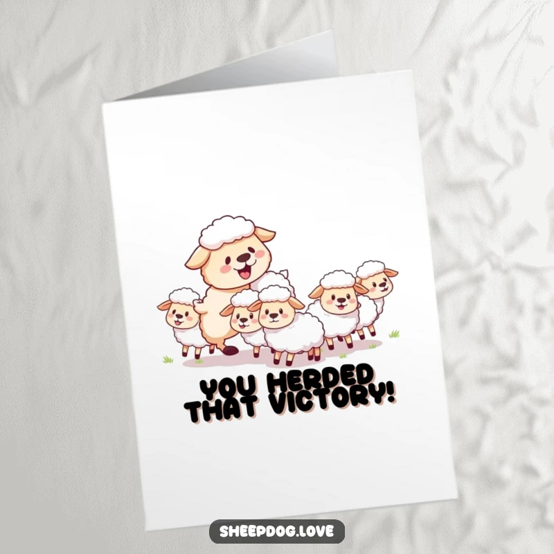 Funny free printable congratulations card: A fluffy sheepdog happily herds sheep, celebrating your success with pure joy.