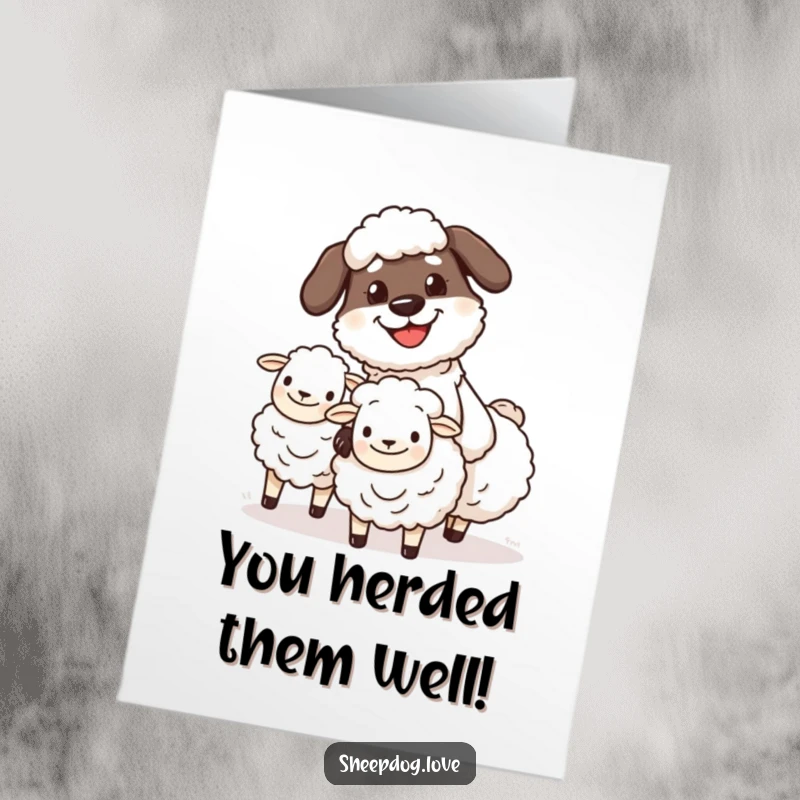 Funny Free Printable Congratulations Card: A sheepdog character grinning while herding fluffy sheep to celebrate.