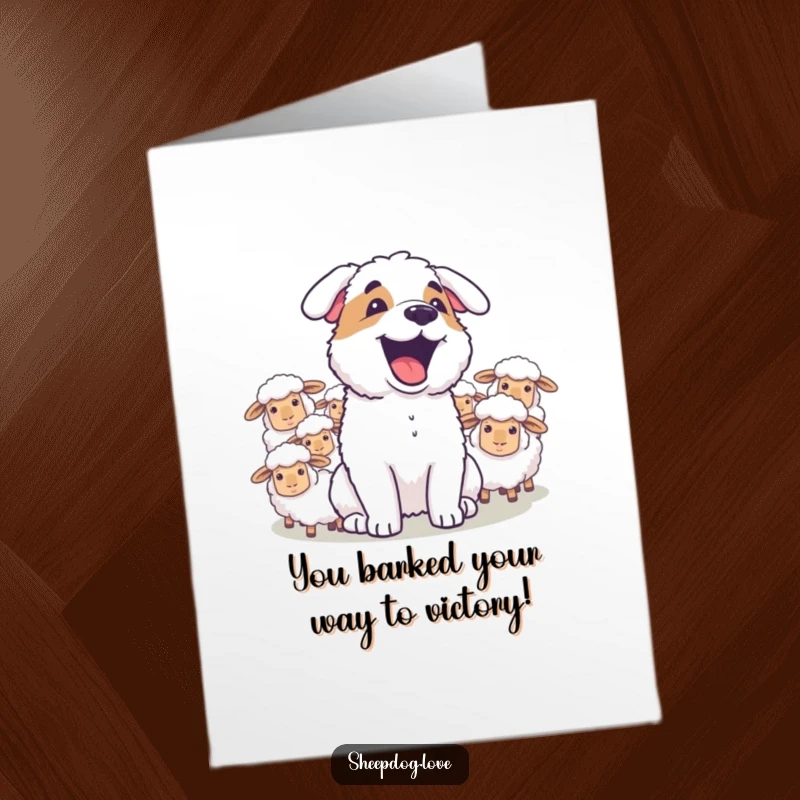 Funny Free Printable Congratulations Card: A sheepdog joyfully barks at sheep, celebrating achievement with enthusiasm.