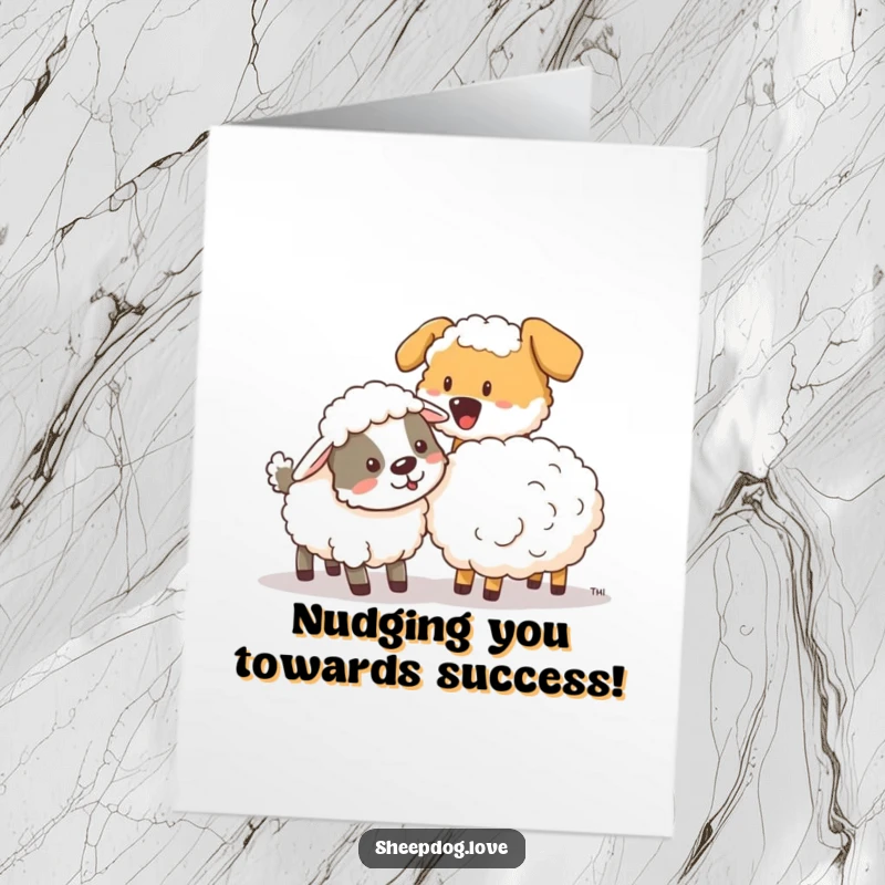 Funny Free Printable Congratulations Card: Sheepdog playfully nudges a stray sheep to celebrate success.