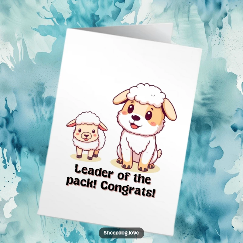 Funny Free Printable Sheepdog Congrats Card: A sheepdog looks pleased as sheep happily follow its lead, celebrating success.