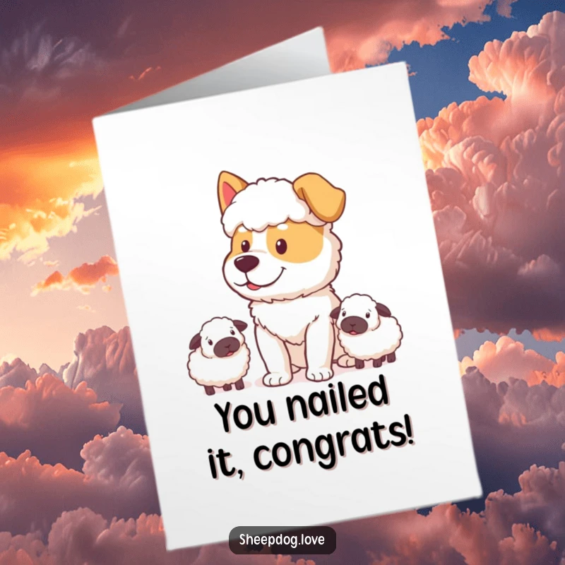 Funny free printable congratulations card! A sheepdog with a determined, happy expression watching a flock of sheep.