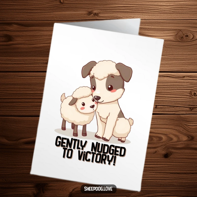 Funny Free Printable sheepdog card gently nudging a stray sheep, perfect for congratulating someone's success.