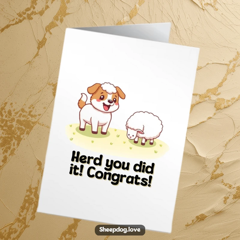 Funny Free Printable Sheepdog Congrats Card: An excited sheepdog with a furiously wagging tail offers congratulations with pure joy.