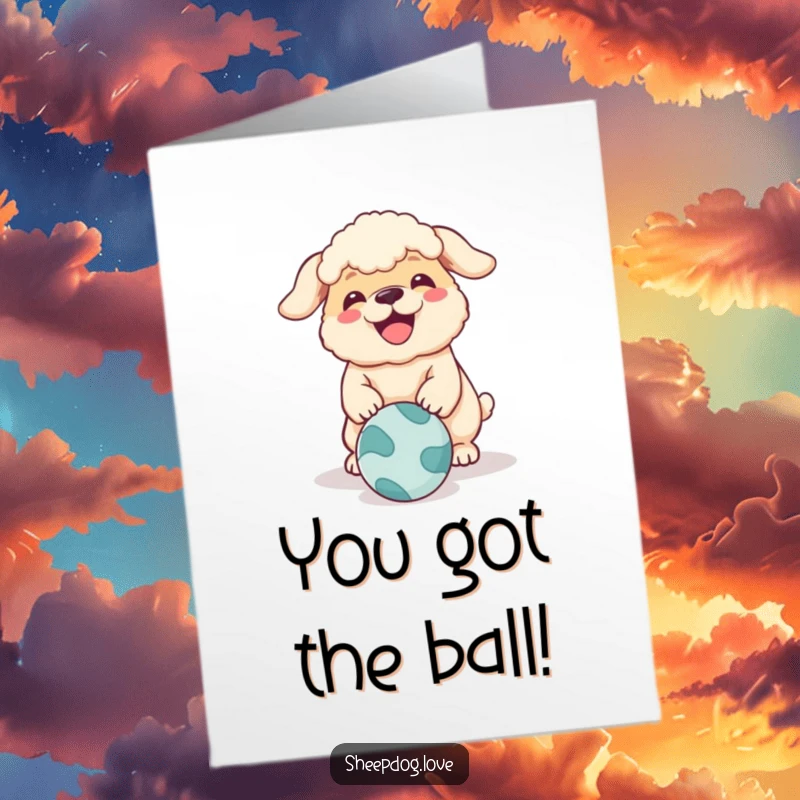 Free Printable Congratulations Card: A happy sheepdog mid-bark, celebrating a big achievement with pure joy.