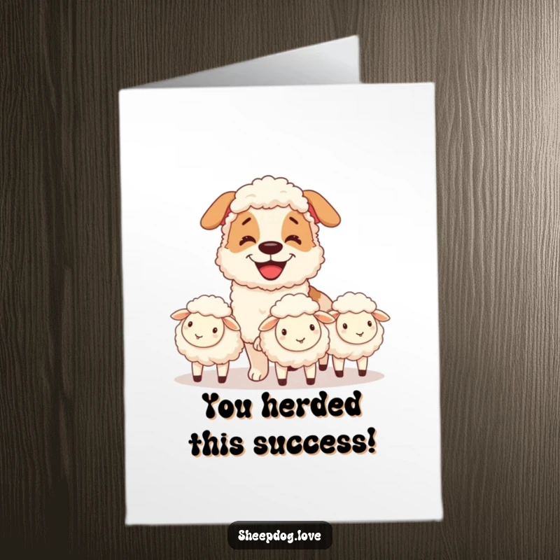 Funny Free Printable Congratulations Card: A sheepdog grins while herding fluffy sheep, congratulating someone.