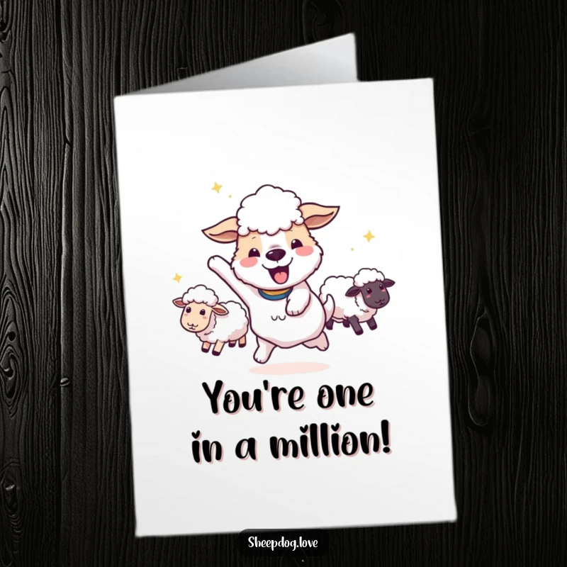 Funny Free Printable Congratulations Card: Happy sheepdog doing a victorious spin with sheep in tow, celebrating a win. A high-energy downloadable gift.
