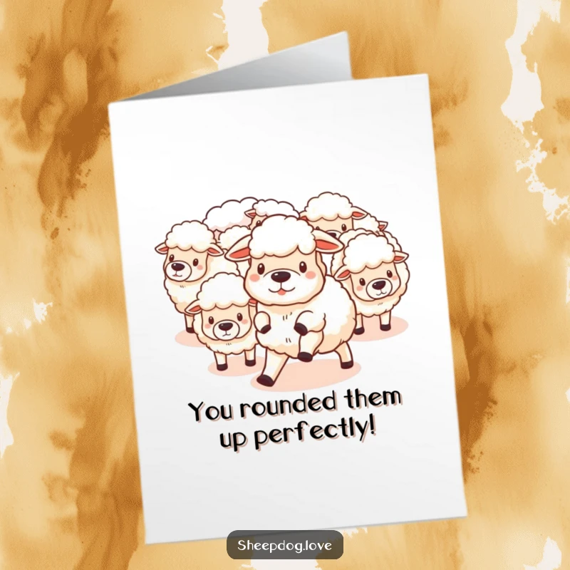 Funny Free Printable Congratulations Card showing a sheepdog herding sheep, symbolizing guided success and celebration.