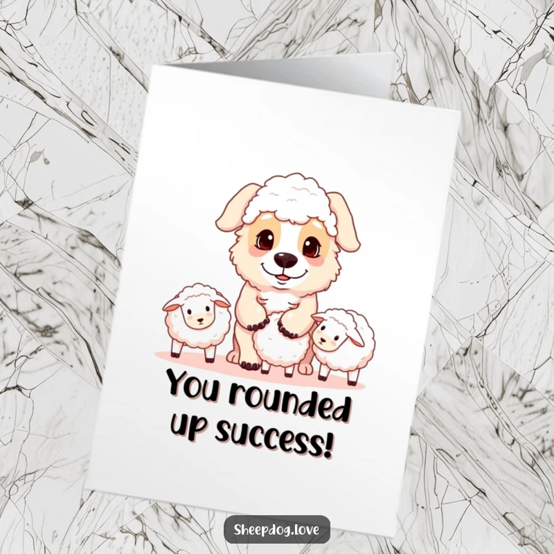 Funny free printable congratulations card: A focused sheepdog diligently rounds up sheep, celebrating your achievement.