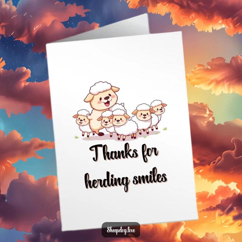Funny free printable thank you card: A fluffy sheepdog joyfully herds sheep, a cute and funny way to say thanks.