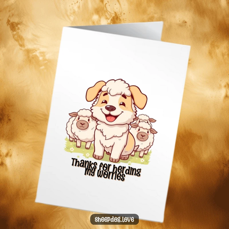 Funny Free Printable Thank You Card: A grinning sheepdog expertly herding sheep, sending thanks with happy dedication.