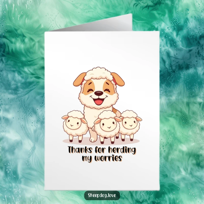 Funny Free Printable Thank You Card: A sheepdog with a big grin herds sheep, perfect for thanks.