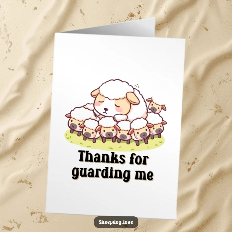 Funny Free Printable Thank You Card showing a sheepdog napping peacefully among its flock, offering a quiet and heartfelt thank you.