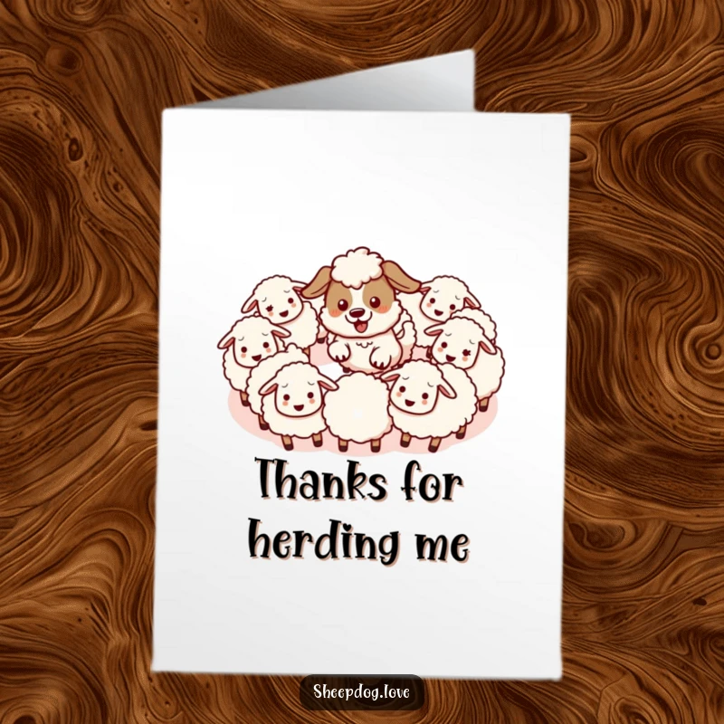 Funny Free Printable Thank You Card featuring a kawaii sheepdog energetically herding fluffy sheep in a circle.