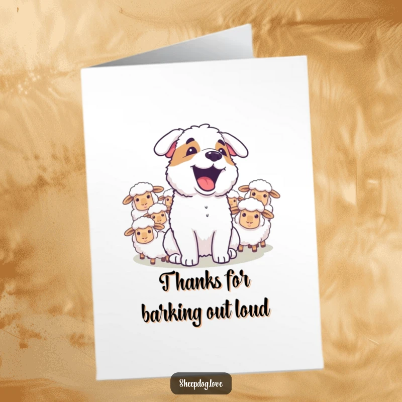 Funny Free Printable Thank You Card: A sheepdog joyfully barks at sheep, expressing sincere thanks.