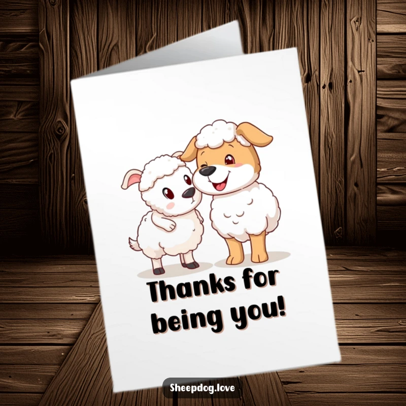 Funny Free Printable Thank You Card: A sheepdog playfully nudging a sheep with its nose, perfect for thanks.