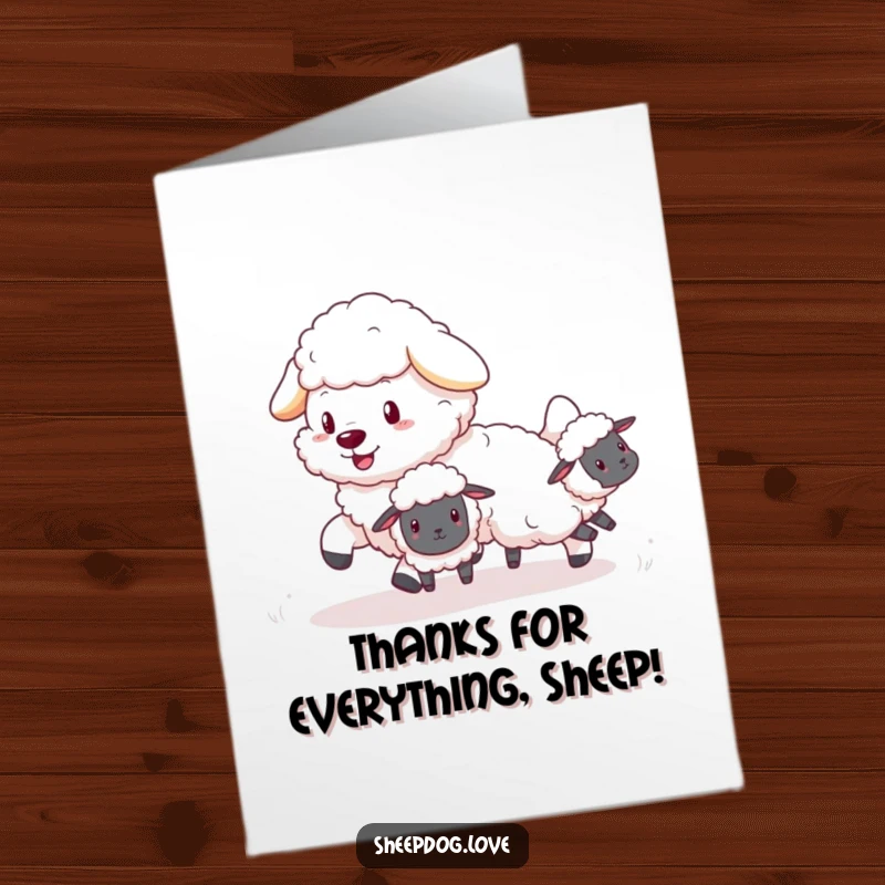 Funny free printable sheepdog thank you card! A fluffy sheepdog playfully herding little sheep to express heartfelt thanks.