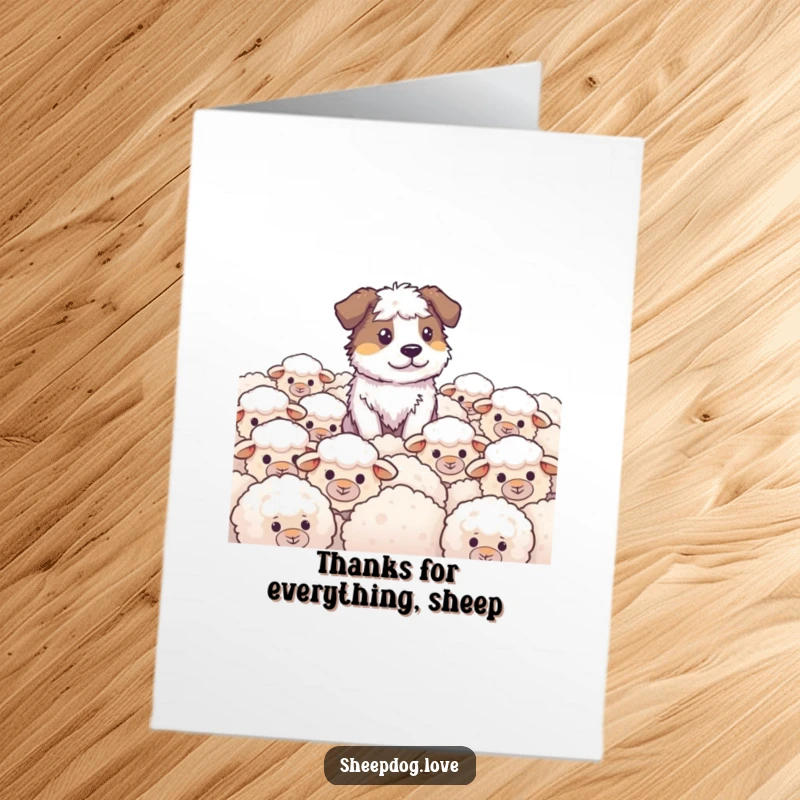 Funny Free Printable Sheepdog thank you card, a loyal dog watching over its flock, expressing heartfelt thanks humorously.