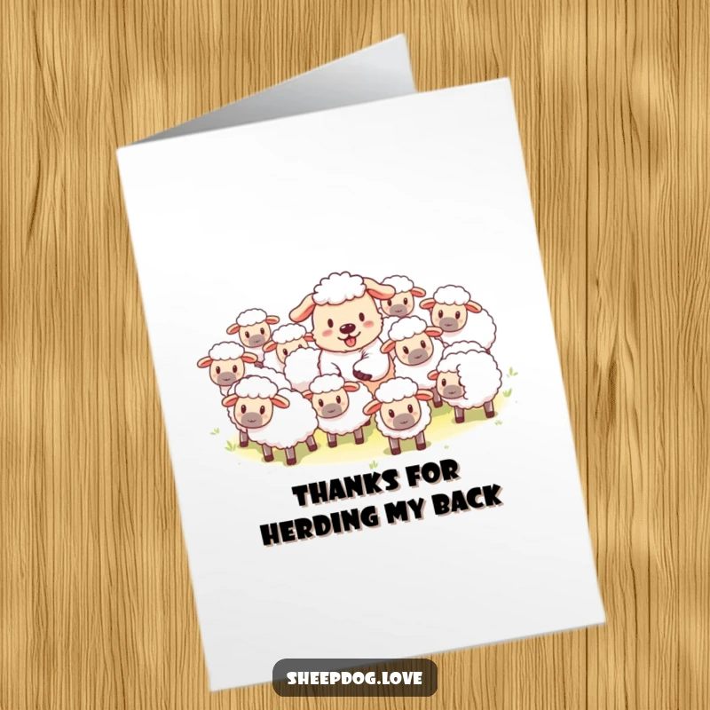 Funny Free Printable Thank You Card: A gentle sheepdog playfully guides a flock of fluffy sheep.