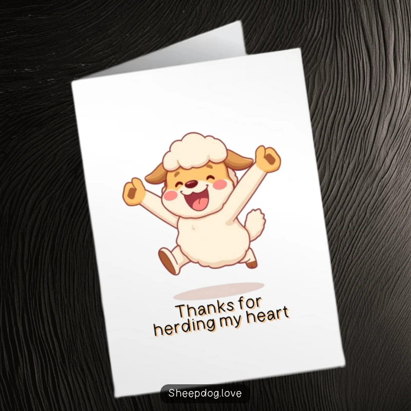 Funny Free Printable Thank You Card: A sheepdog performs a celebratory leap after successful herding, a joyful expression of thanks.