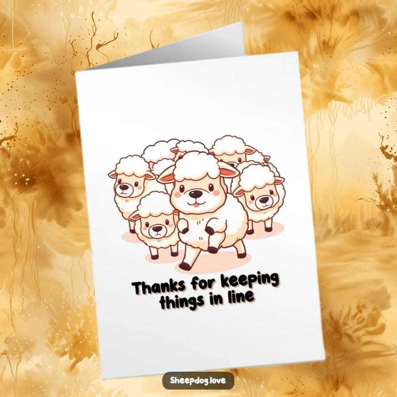 Funny Free Printable Thank You Card featuring a sheepdog focused on herding fluffy sheep, conveying thanks.