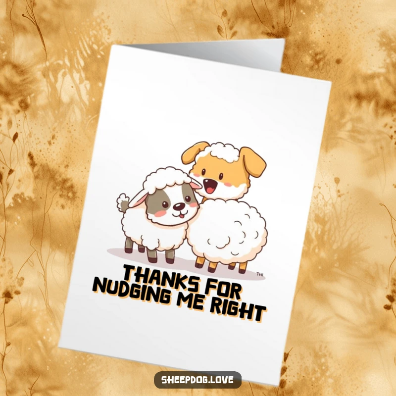 Funny Free Printable Thank You Card: A sheepdog playfully nudges a stray sheep, conveying thanks.