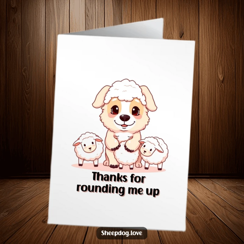 Funny free printable thank you card: A sheepdog looks serious while herding, a funny symbol of gratitude.
