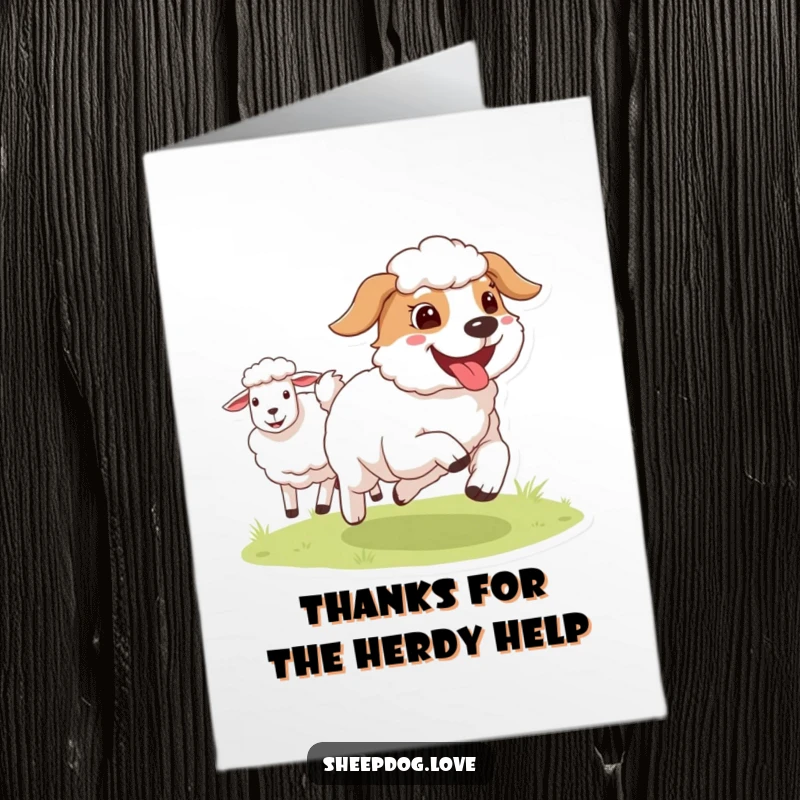 Funny Free Printable Sheepdog Thank You Card: A sheepdog with its tongue out joyfully runs beside sheep, perfect for thanking someone.