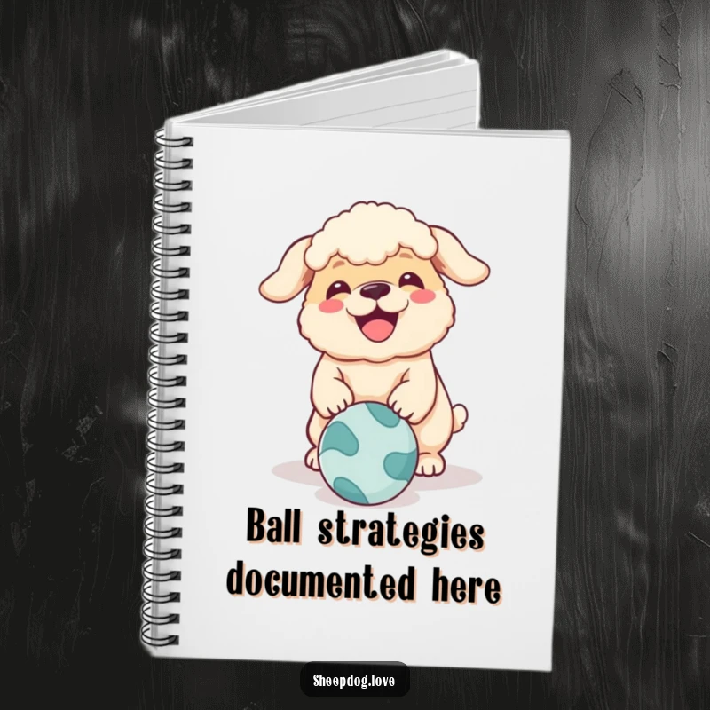 Funny sheepdog notebook cover showing a dog excitedly barking at a rolling ball, encouraging creative and humorous note-taking.
