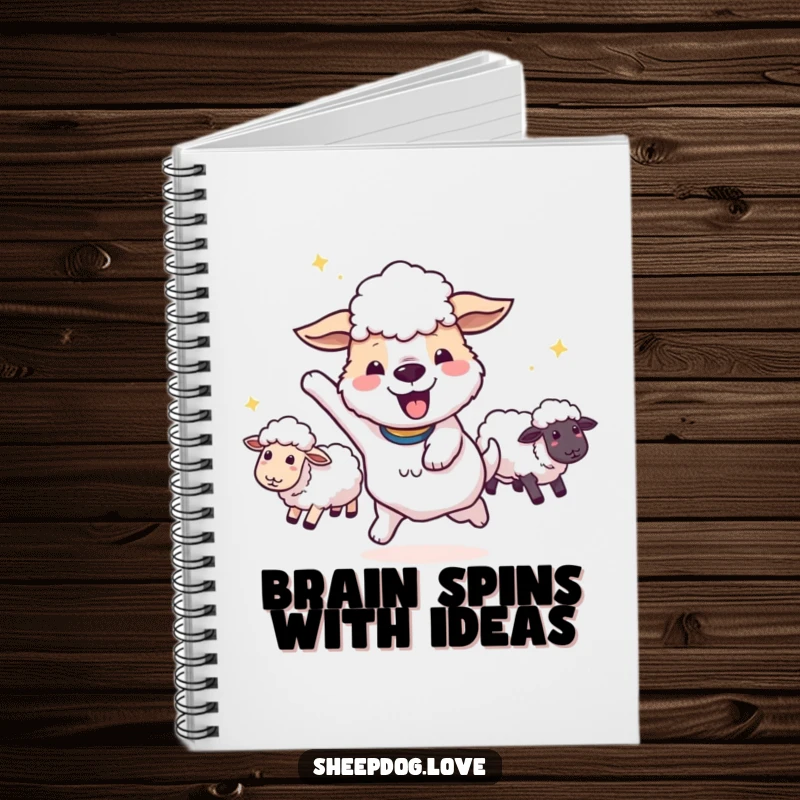 Funny sheepdog doing a victory spin with sheep in tow on a notebook, perfect for documenting success.