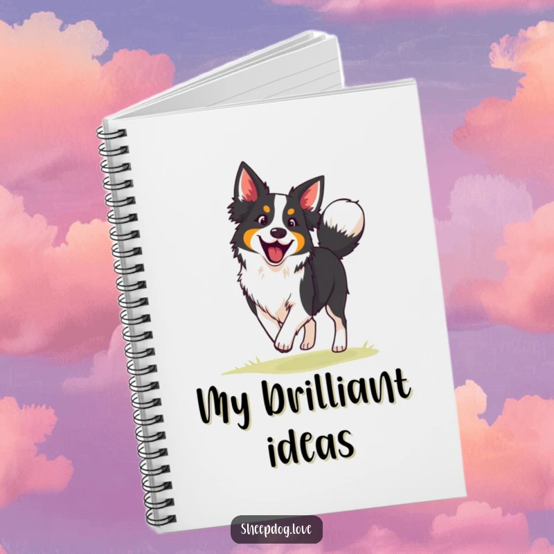 Funny border collie notebook featuring an enthusiastic herding dog with a wagging tail, designed for capturing notes with canine charm.