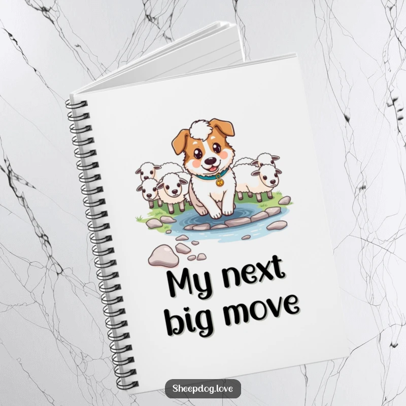 Funny Determined Sheepdog Notebook with an illustration of a sheepdog guiding sheep across a stream, for focused note-taking.