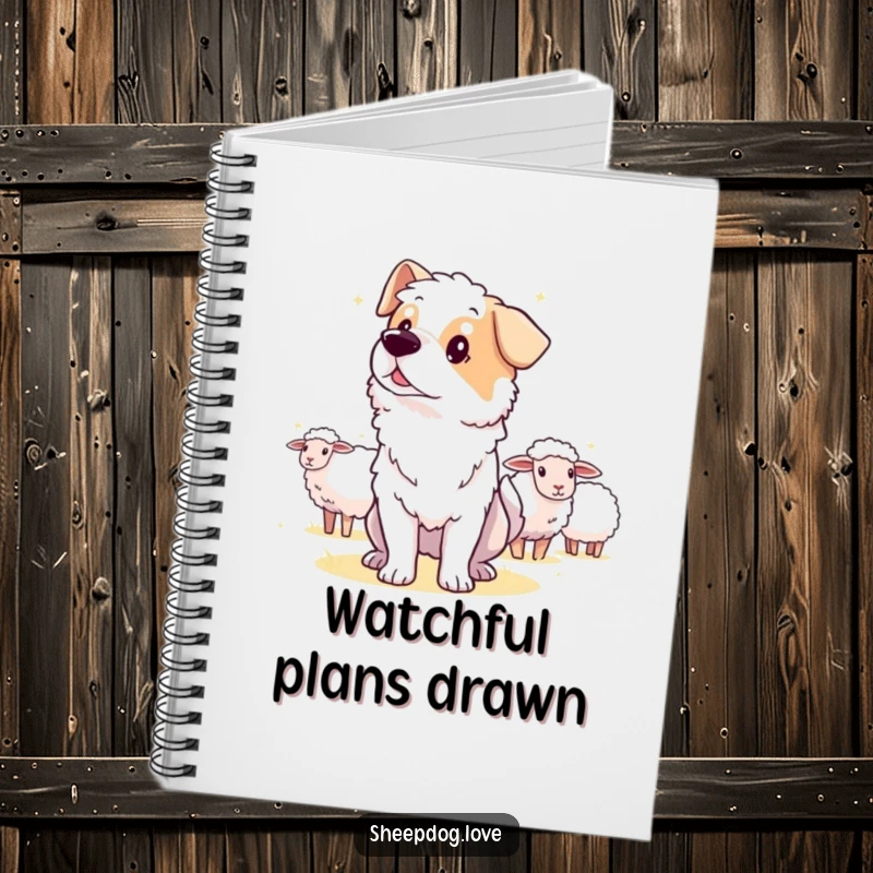 Funny guard sheepdog notebook, showing an alert dog watching the distance over sheep.