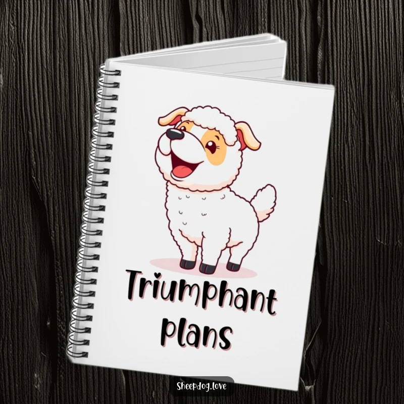 Funny notebook with a sheepdog wagging its tail excitedly after a successful round-up, designed for jotting down notes humorously.