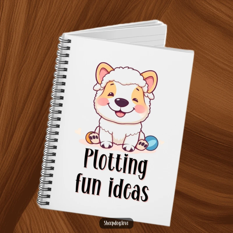 Funny sheepdog notebook with a grinning sheepdog overseeing sheep, perfect for notes and humorous ideas.