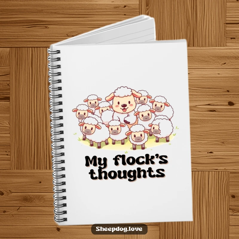 Funny notebook featuring a playful sheepdog herding fluffy sheep, perfect for notes and daily planning.