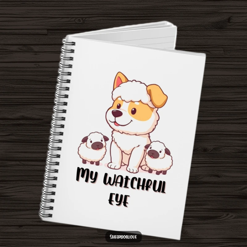 Funny Sheepdog Notebook: Sheepdog with a determined, happy expression watching sheep, inspiring focus and creativity.