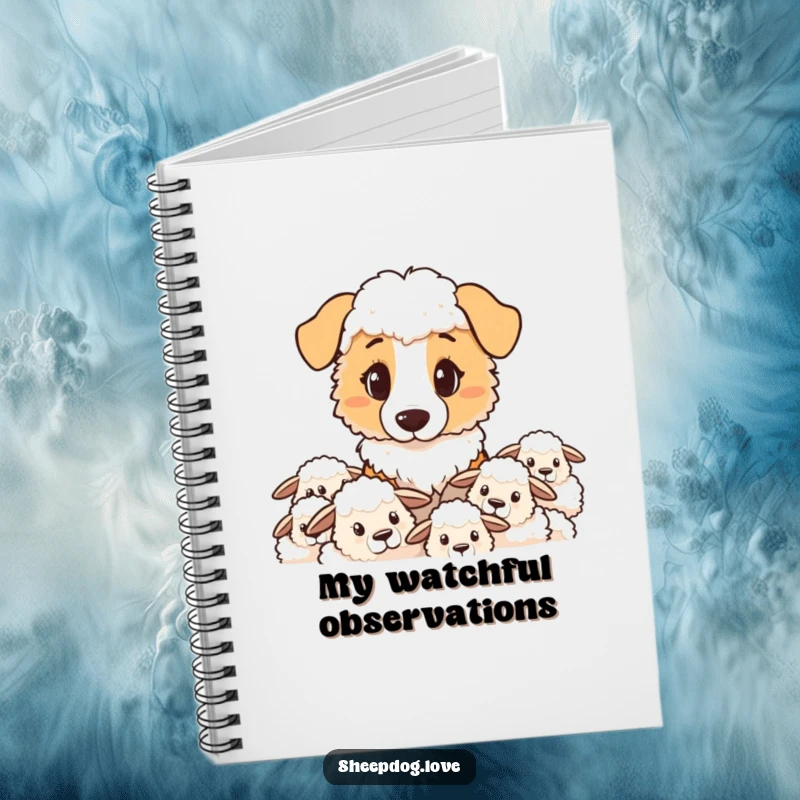 Funny sheepdog notebook cover featuring a determined sheepdog with a watchful gaze, symbolizing keen observation.