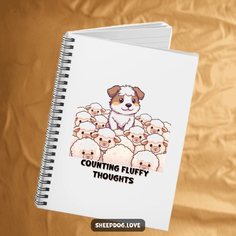 Funny Sheepdog Notebook with a cover depicting a sheepdog watching over a field of fluffy sheep, designed for jotting down notes with humor.