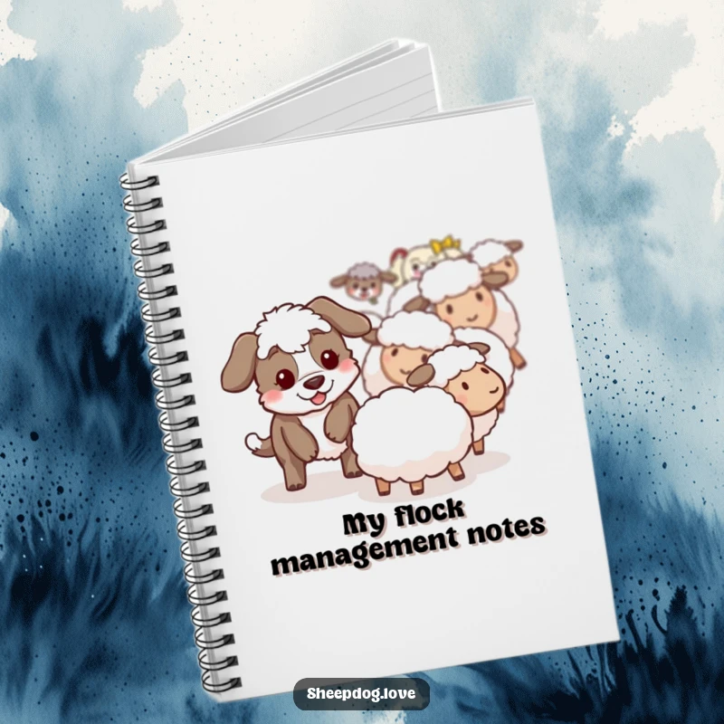 Funny sheepdog notebook cover depicting a playful sheepdog gently guiding a sheep, symbolizing helpful organization.