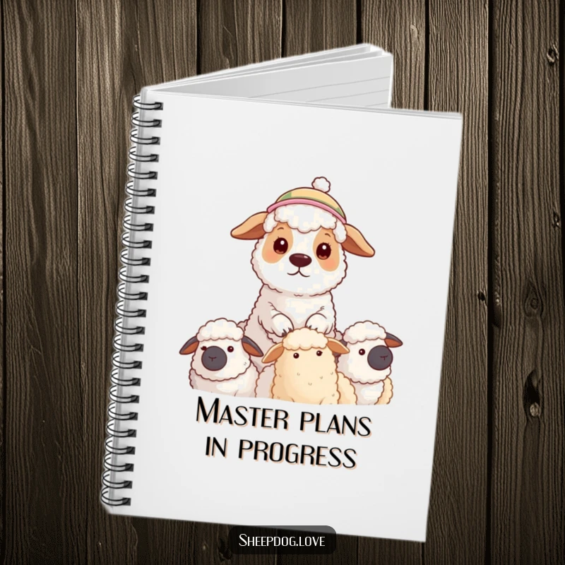 Funny notebook with a sheepdog wearing a hat watching its flock, designed for jotting down plans with humor and diligence.