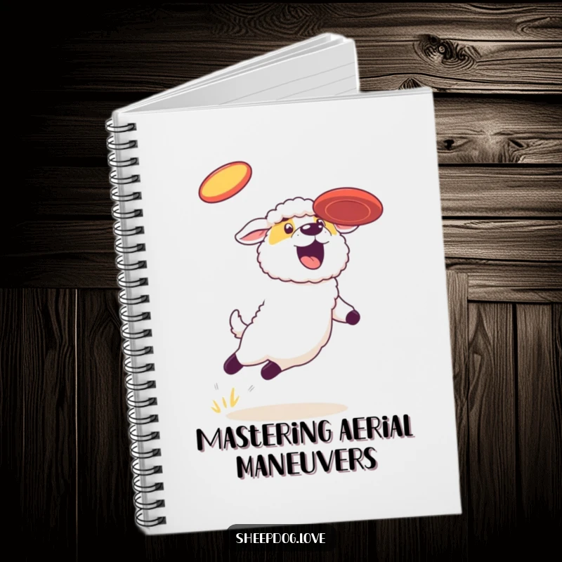 Funny sheepdog notebook, a determined dog leaping for a frisbee, perfect for notes, journaling, and creative ideas.