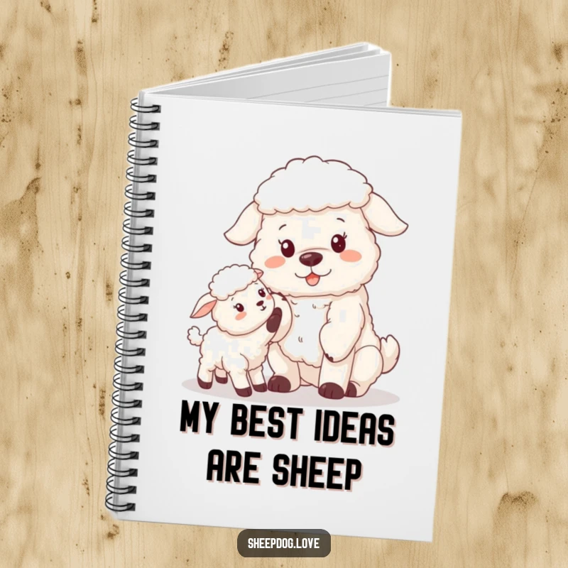 Funny sheepdog and lamb on a notebook, perfect for jotting down notes, ideas, or farm observations.