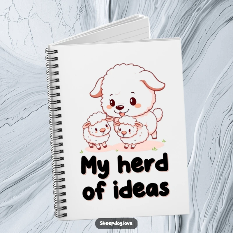 Funny Sheepdog Notebook featuring a fluffy sheepdog playfully herding sheep, perfect for jotting down ideas and tasks.