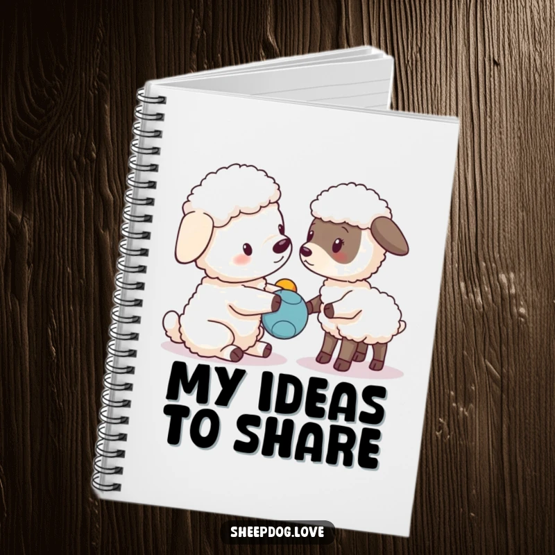 Funny sheepdog character presenting a toy to a curious lamb, notebook cover.