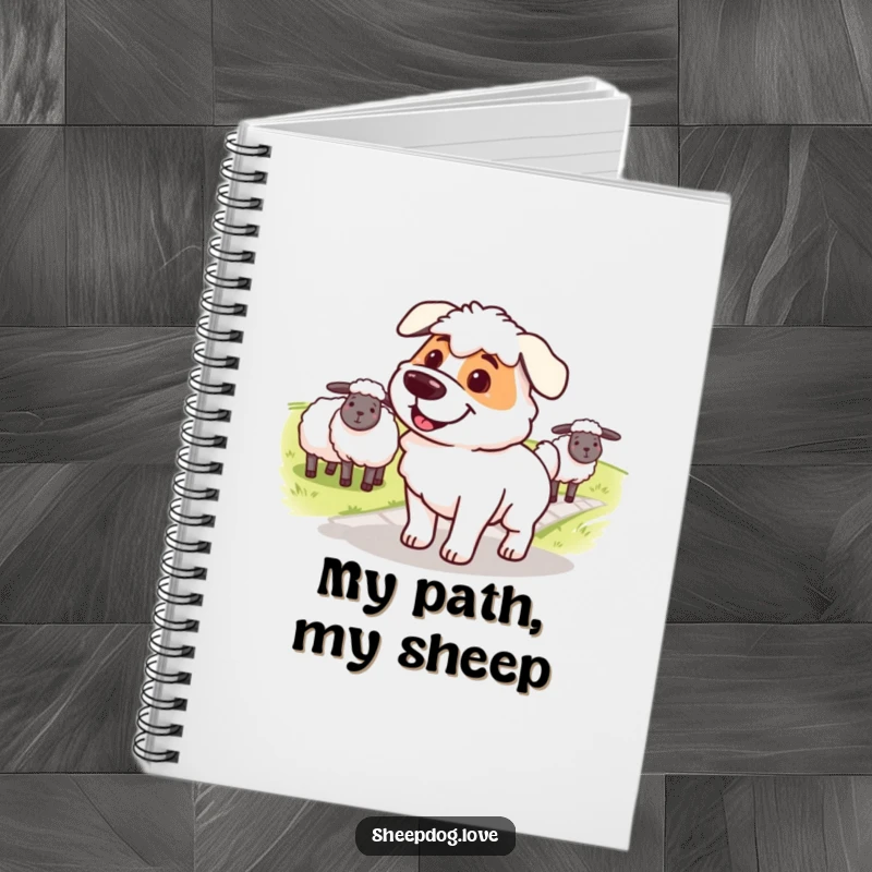 Funny sheepdog notebook, a determined, smiling dog guiding sheep across a path, perfect for notes and planning.