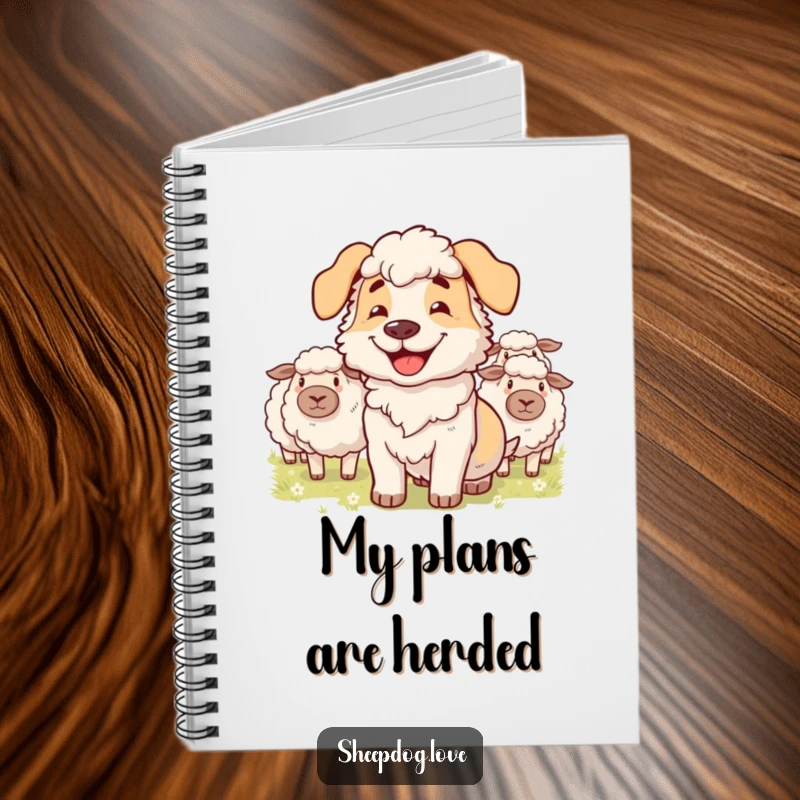 Funny notebook with a grinning sheepdog expertly herding fluffy sheep, ideal for jotting down notes with playful organization.