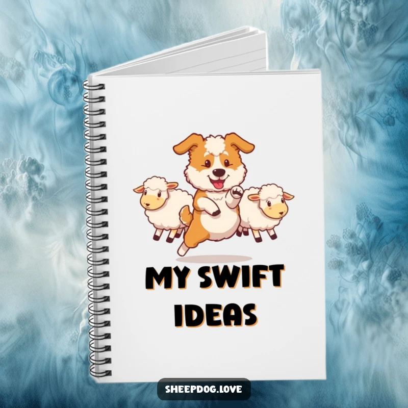 Funny sheepdog notebook featuring a dog performing a swift maneuver to redirect sheep, ideal for jotting notes with dynamic humor.